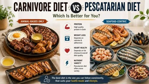 Compare the carnivore diet vs. pescatarian diet for weight loss, heart health