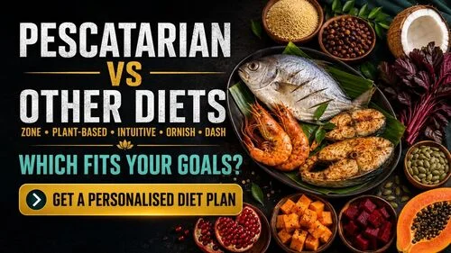 Compare pescatarian eating with Zone, plant-based, intuitive eating, Ornish and DASH