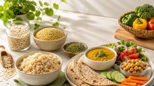 Indian carbohydrate foods including rice, roti, millets and pulses arranged with vegetables to represent diabetes nutrition