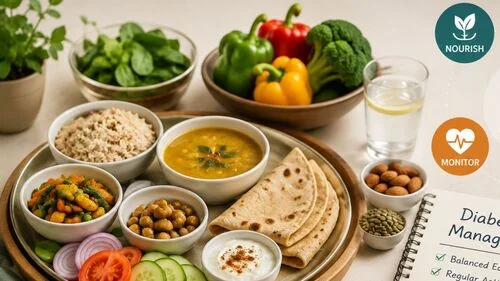 Indian whole foods and everyday nutrition elements representing Type 2 diabetes dietary guidance