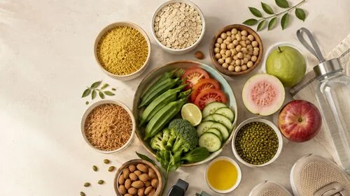 Indian whole foods including vegetables, pulses and grains arranged to represent prediabetes nutrition guidance