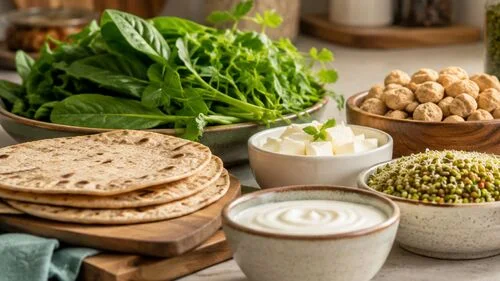 Vegetarian Indian foods including pulses, paneer, soy, nuts, seeds and vegetables arranged for diabetes nutrition education